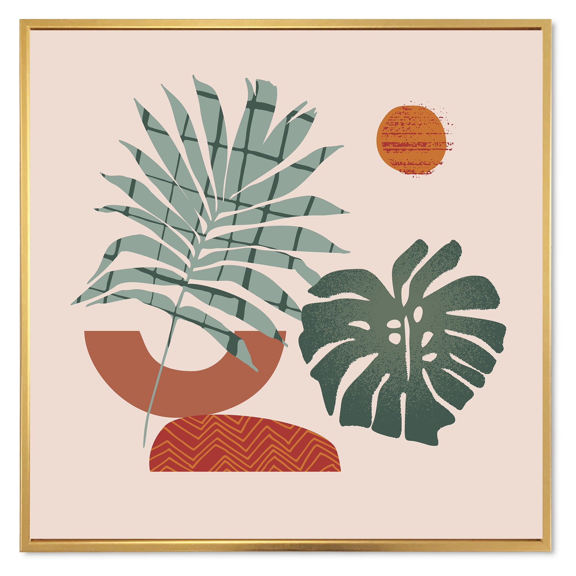 Designart 'Sun and Moon Shapes In Retro Green & Terracotta Tone' Modern Framed Canvas Wall Art Print