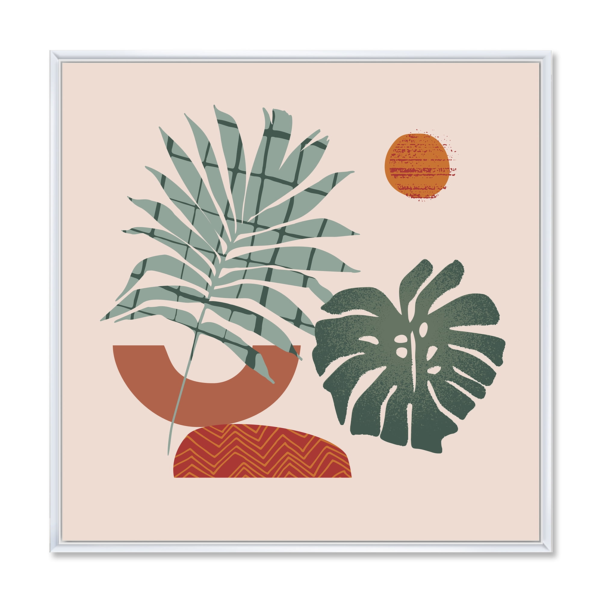 Designart 'Sun and Moon Shapes In Retro Green & Terracotta Tone' Modern Framed Canvas Wall Art Print