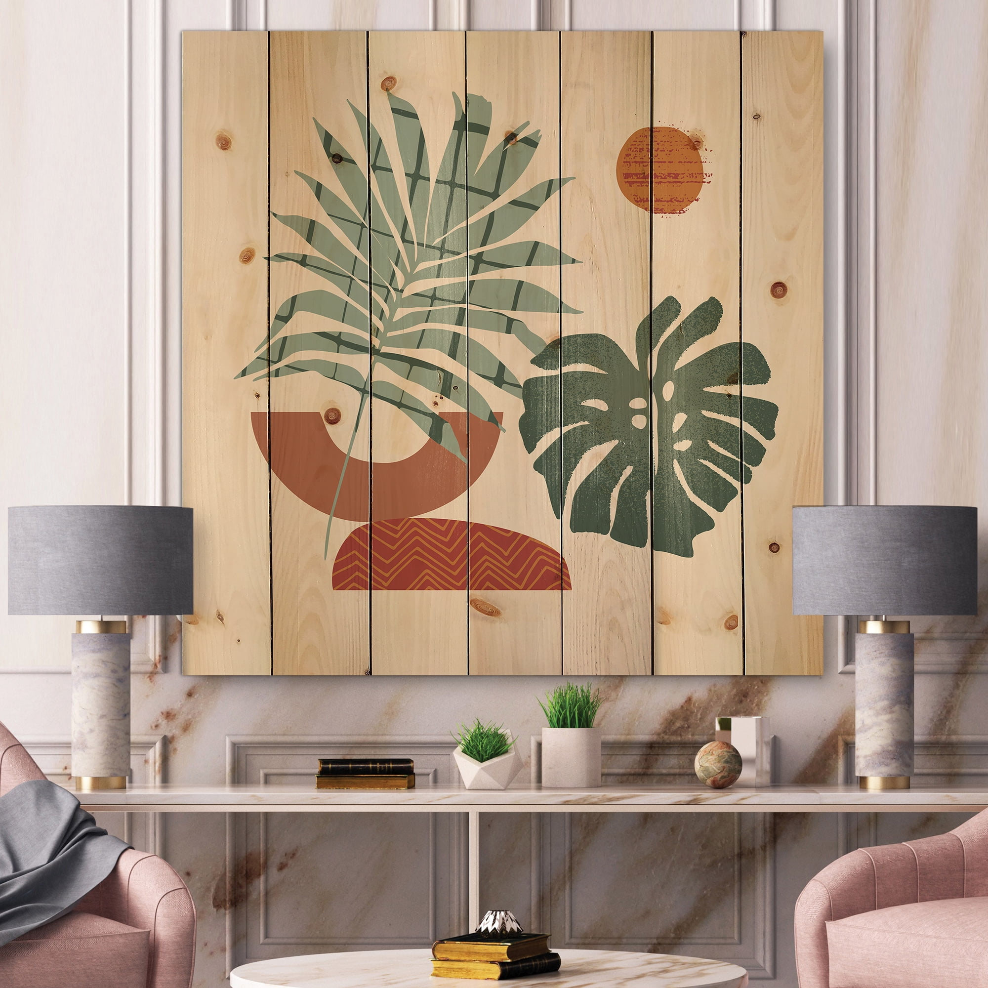 Designart 'Sun and Moon Shapes In Retro Green & Terracotta Tone' Modern Print on Natural Pine Wood