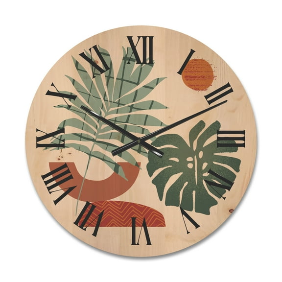 Designart 'Sun and Moon Shapes In Retro Green & Terracotta Tone' Modern Wood Wall Clock