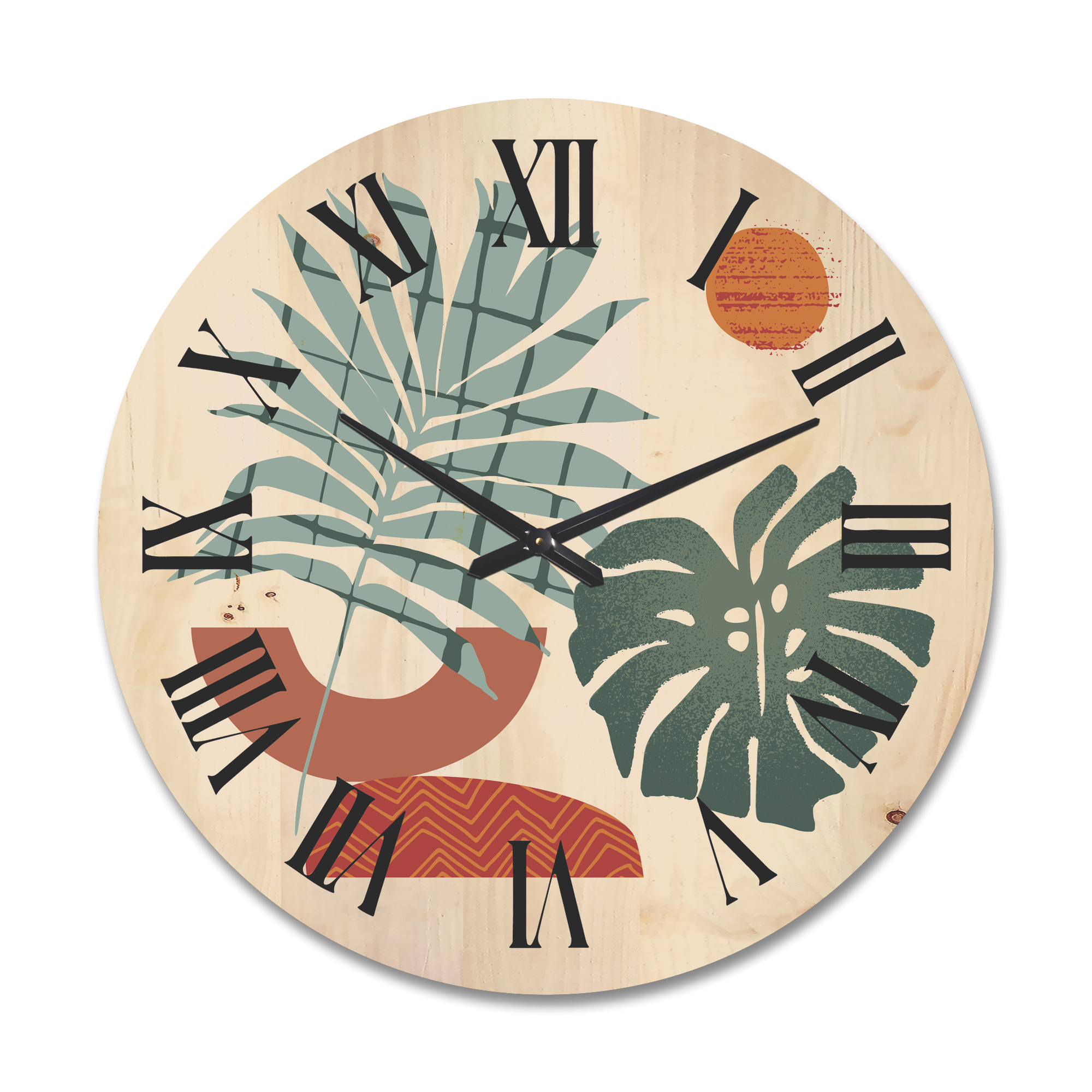 Designart 'Sun and Moon Shapes In Retro Green & Terracotta Tone' Modern Wood Wall Clock