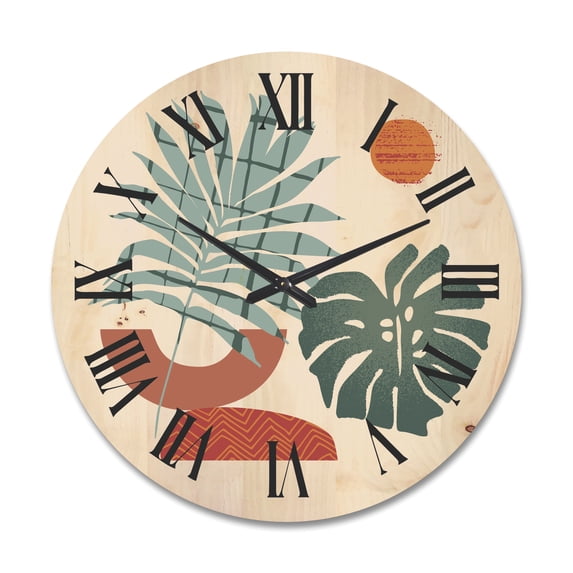 Designart 'Sun and Moon Shapes In Retro Green & Terracotta Tone' Modern Wood Wall Clock