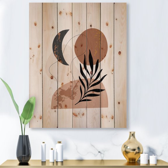 Designart 'Sun and Moon Shapes In Retro Terracotta Tones I' Modern Print on Natural Pine Wood