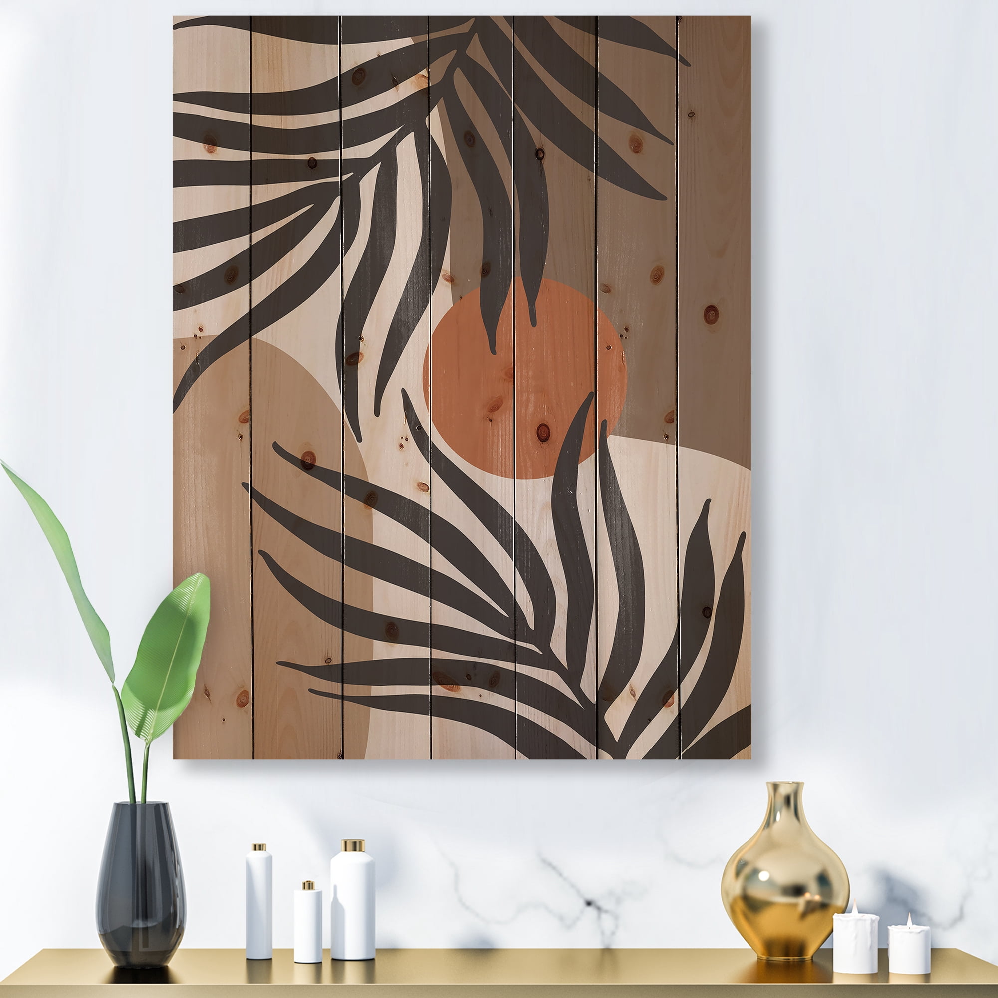 Designart 'Sun and Moon Shapes In Retro Terracotta Tones III' Modern Print on Natural Pine Wood