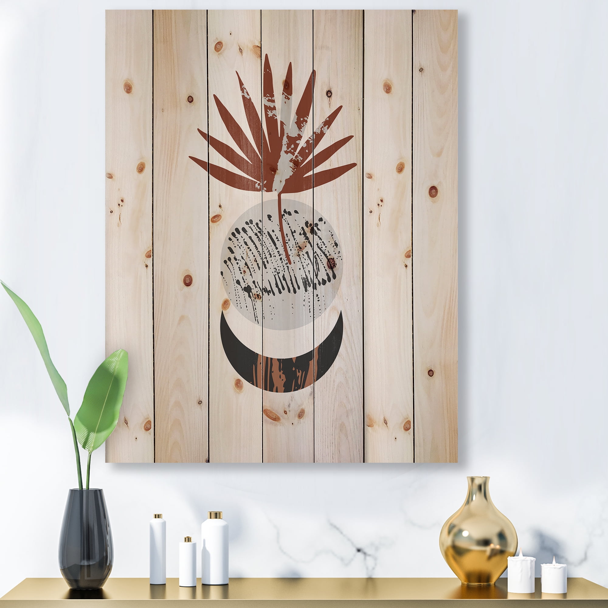 Designart 'Sun and Moon Shapes In Retro Terracotta Tones V' Modern Print on Natural Pine Wood