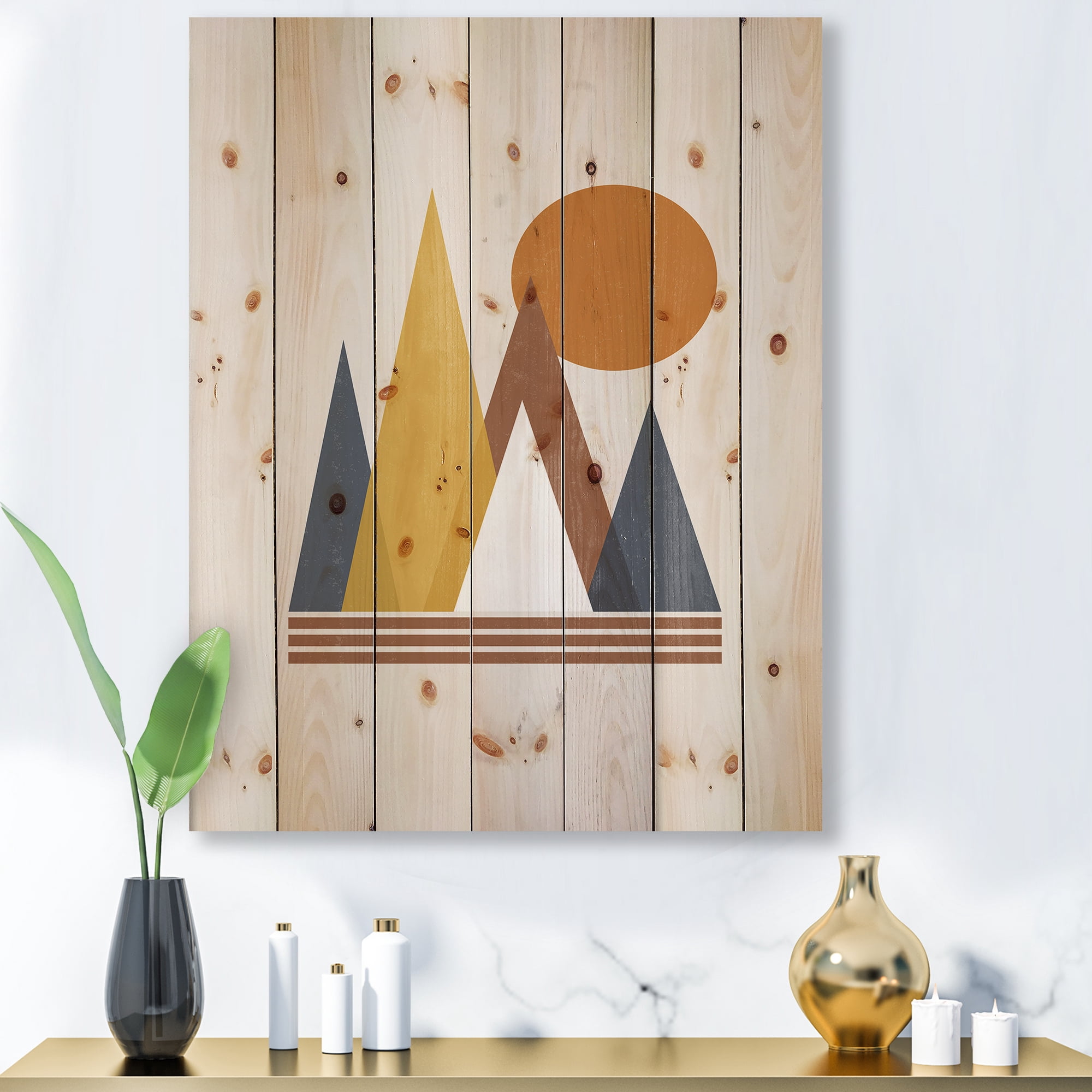 Designart 'Sun and Mountain Abstract' Modern Print on Natural Pine Wood