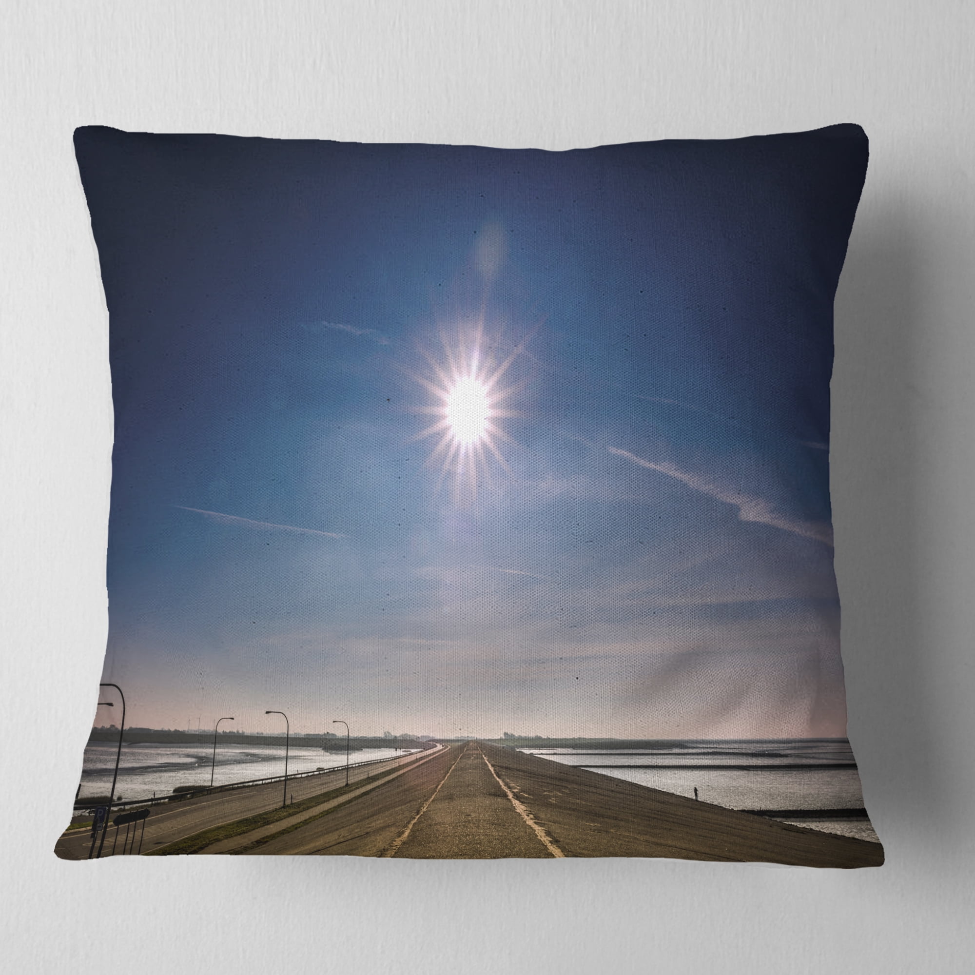 Designart Sun in Blue Sky on Dyke Germany - Landscape Printed Throw Pillow - 16x16