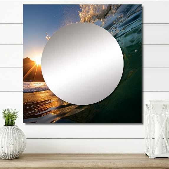 Designart "Sunbeams Through Cresting Waves I" Coastal Waves Square Mirror Wall Decor Coastal - Large Blue Square Bathroom Mirror - Square Printed Wall Mirror Art