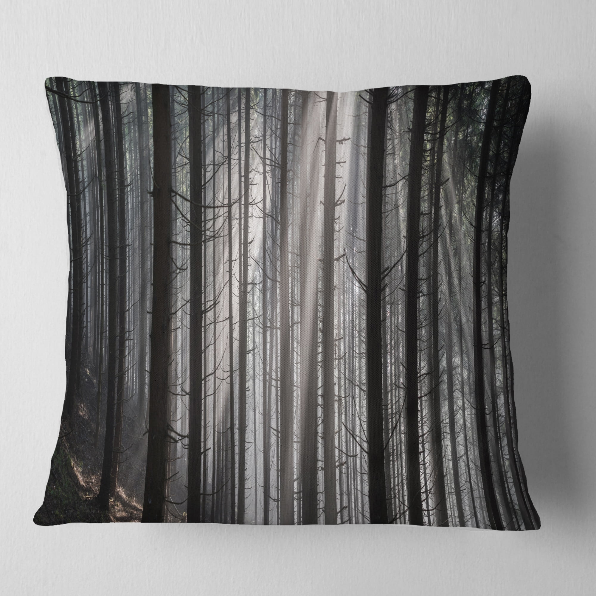Designart Sunbeams Peeking Through Dark Forest - Forest Throw Pillow - 18x18
