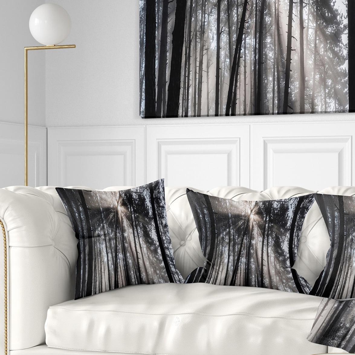 Designart Sunbeams through Black White Forest - Forest Throw Pillow - 16x16