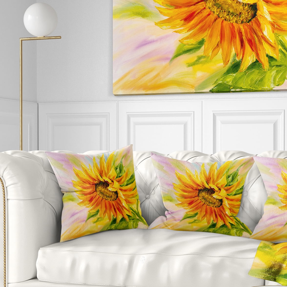 Designart Sunflower Oil Painting - Floral Throw Pillow - 18x18