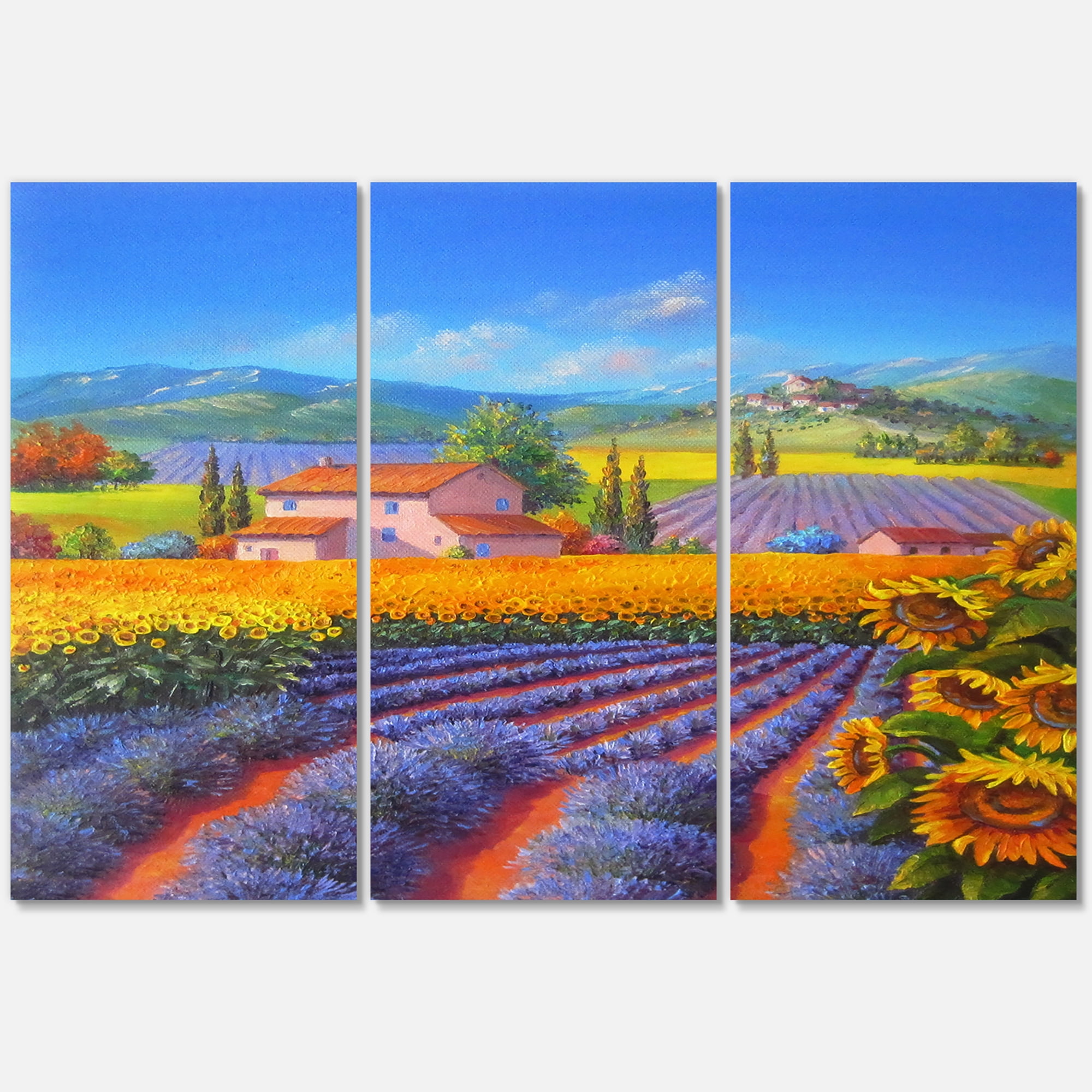 Designart ' Sunflower and Lavender Fields ' Traditional Canvas Wall Art Print