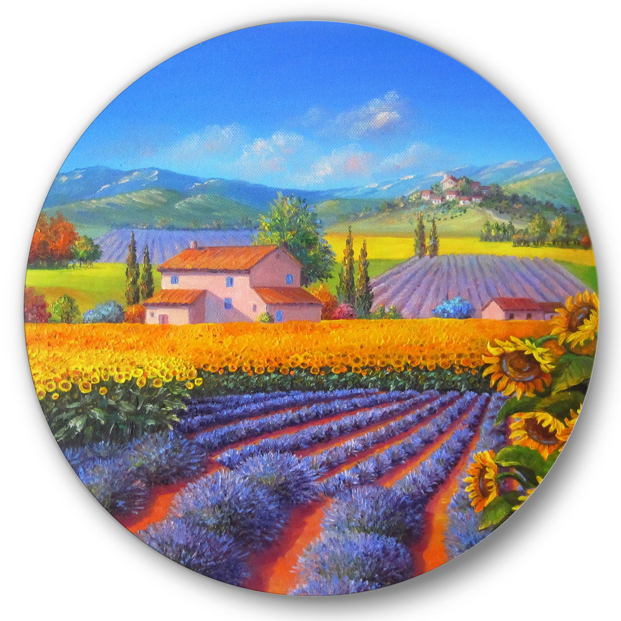 Designart 'Sunflower and Lavender Fields' Traditional Circle Metal Wall Art 11x11 - Disc of 11