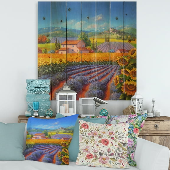 Designart 'Sunflower and Lavender Fields' Traditional Print on Natural Pine Wood