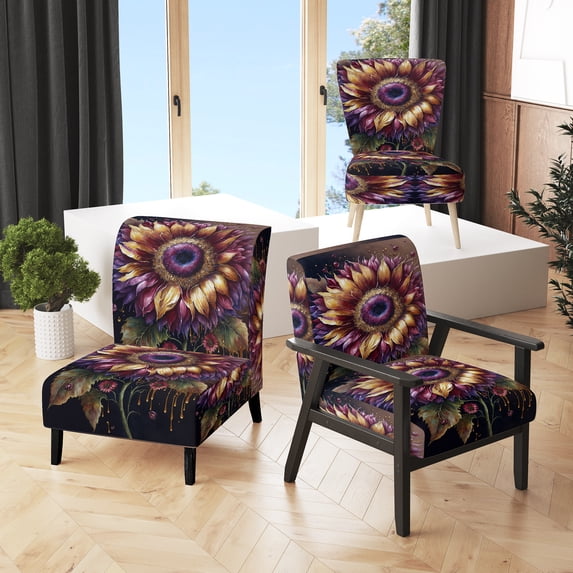 Designart "Sunflower in Yellow and Purple Tones" Yellow Floral & Botanical Upholstered Accent Chair - Traditional Arm Chair For Living Room