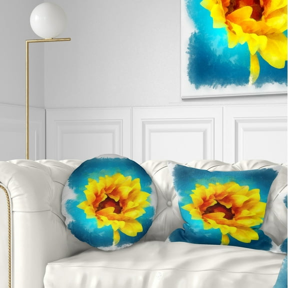 Designart Sunflower on Blue Watercolor - Floral Throw Pillow - 12x20