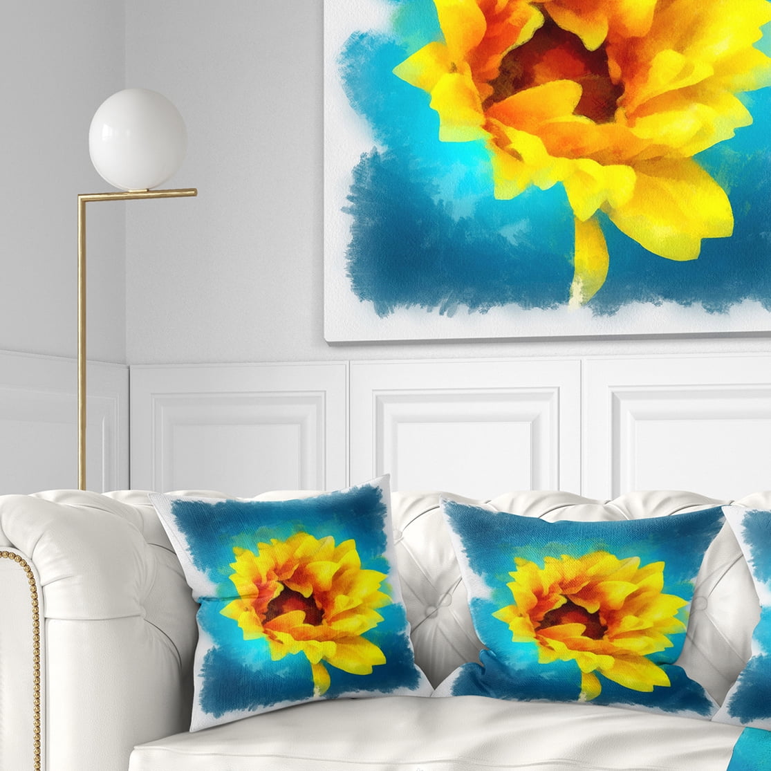 Designart Sunflower on Blue Watercolor - Floral Throw Pillow - 16x16
