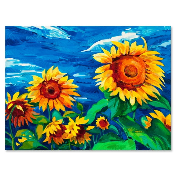 Designart ' Sunflowers Field Under A Bright Blue Sky ' Traditional Canvas Wall Art Print