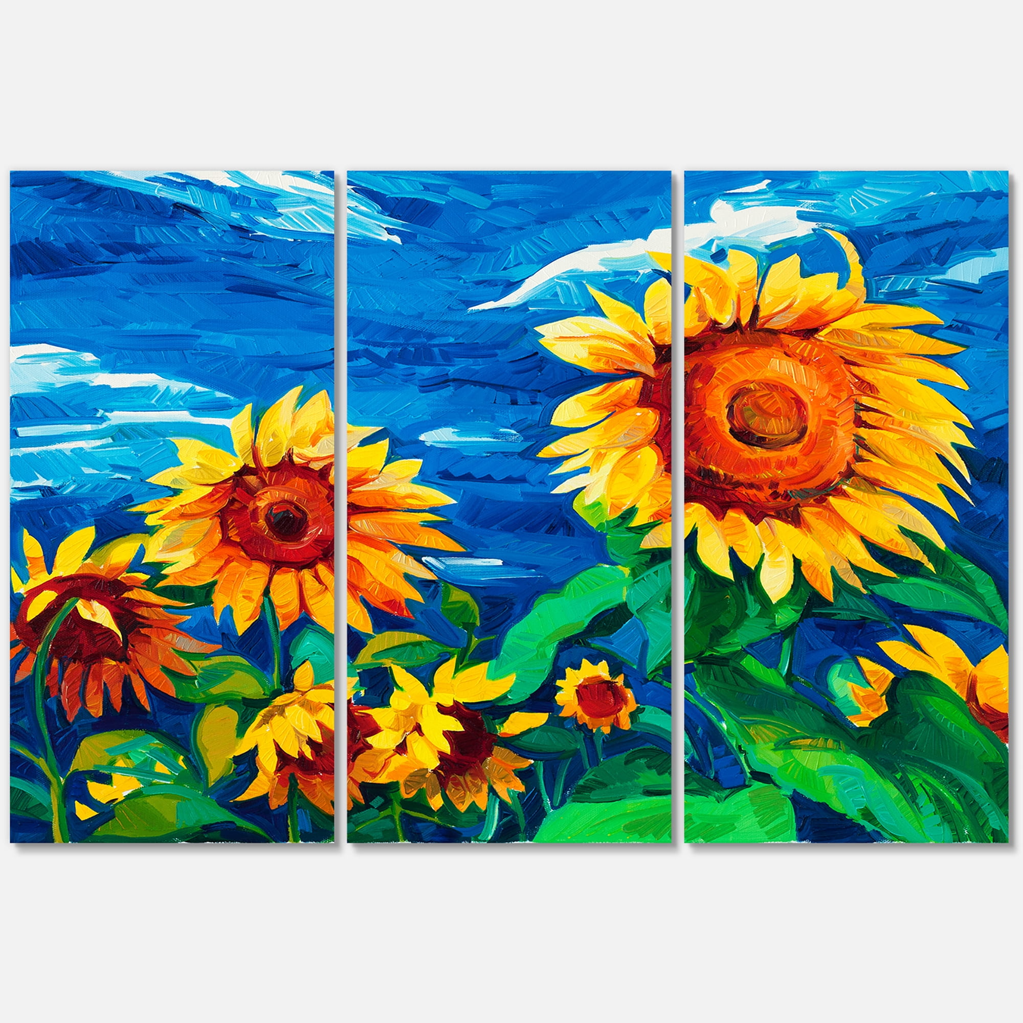 Designart ' Sunflowers Field Under A Bright Blue Sky ' Traditional Canvas Wall Art Print