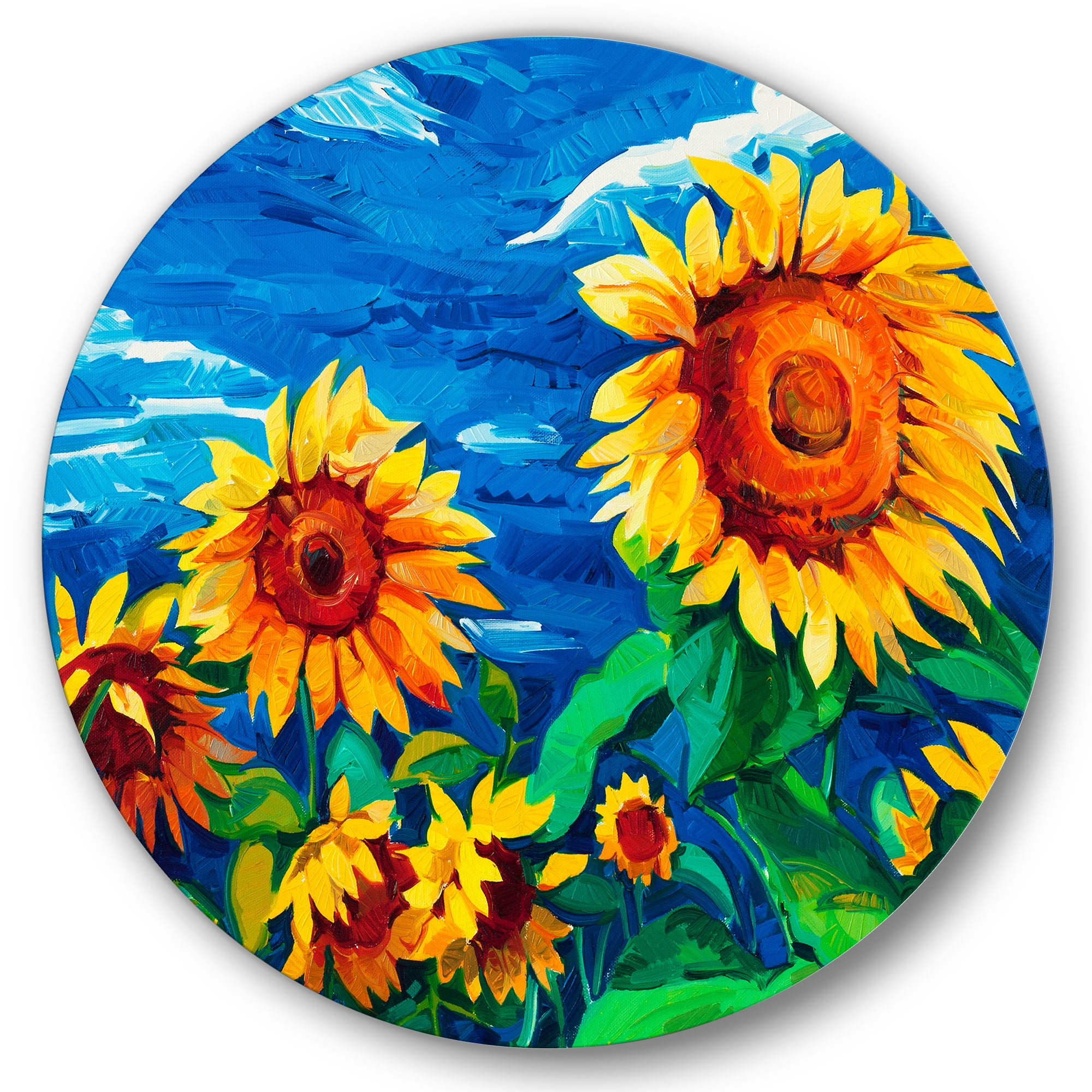 Designart 'Sunflowers Field Under A Bright Blue Sky' Traditional Circle Metal Wall Art 29x29 - Disc of 29