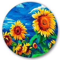 Designart 'Sunflowers Field Under A Bright Blue Sky' Traditional Circle Metal Wall Art 36x36 - Disc of 36