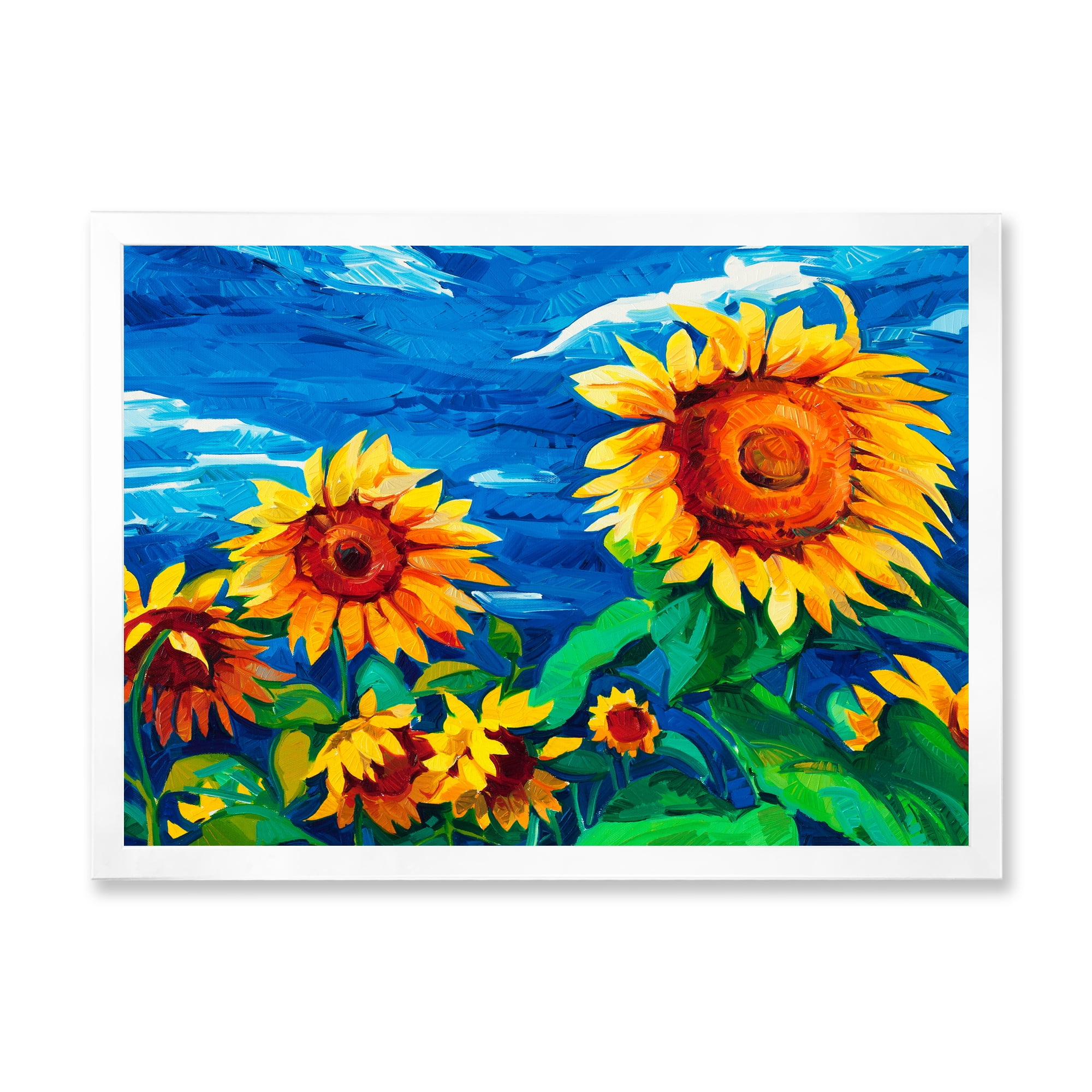 Designart 'Sunflowers Field Under A Bright Blue Sky' Traditional Framed Art Print