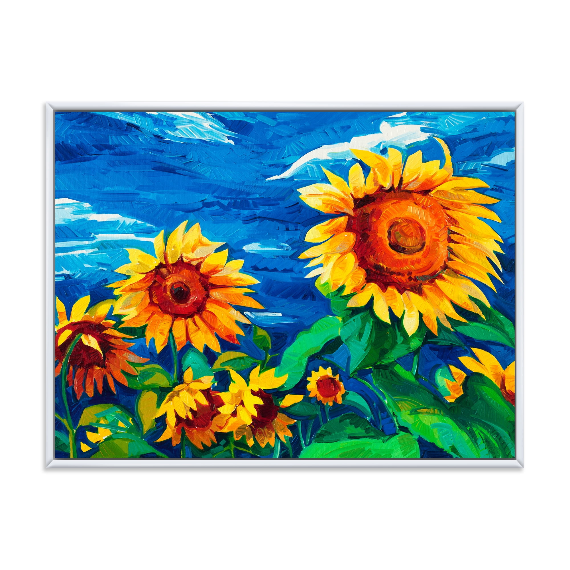Designart 'Sunflowers Field Under A Bright Blue Sky' Traditional Framed Canvas Wall Art Print