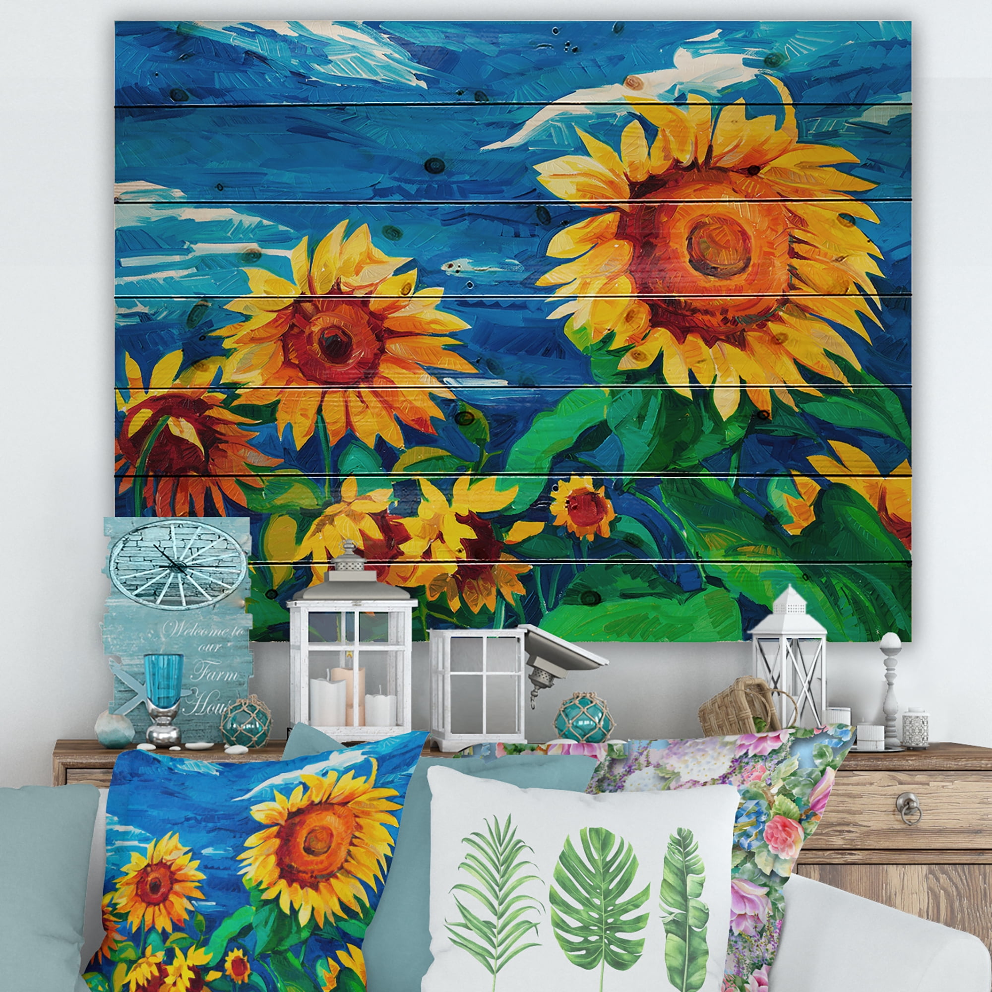 Designart 'Sunflowers Field Under A Bright Blue Sky' Traditional Print on Natural Pine Wood