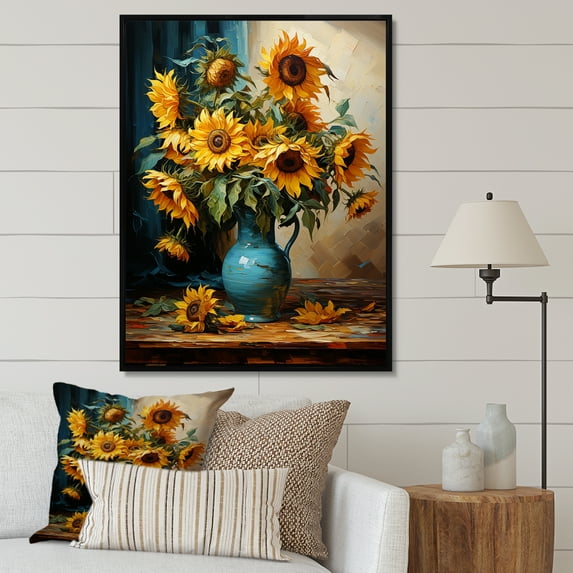 Designart "Sunflowers Van Gogh s Timeless Masterpiece II" Floral & Botanical Floater Framed Canvas Print