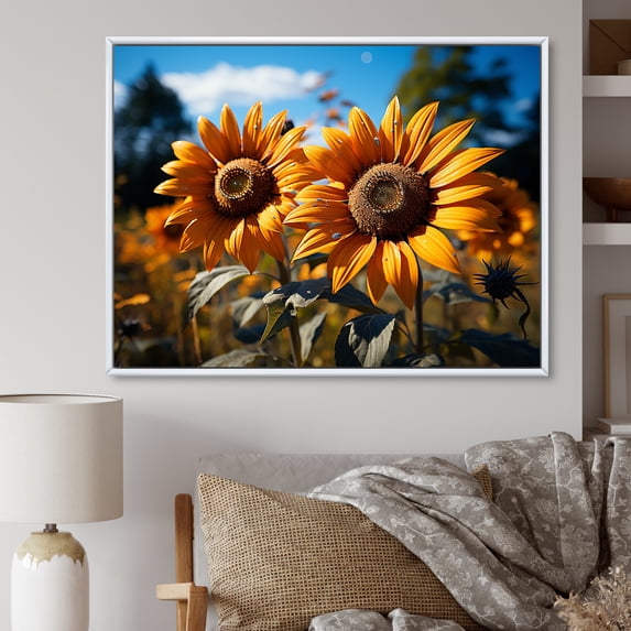 Designart "Sunflowers landscape Vibrant Yellow IV" Floral Floater Framed Canvas Art Print
