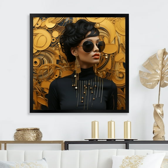 Designart "Sunglasses Woman Portrait in Black and Yellow II" Fashion Framed Wall Art Decor - Glam Black Woman Glam Living Room Framed Canvas Art