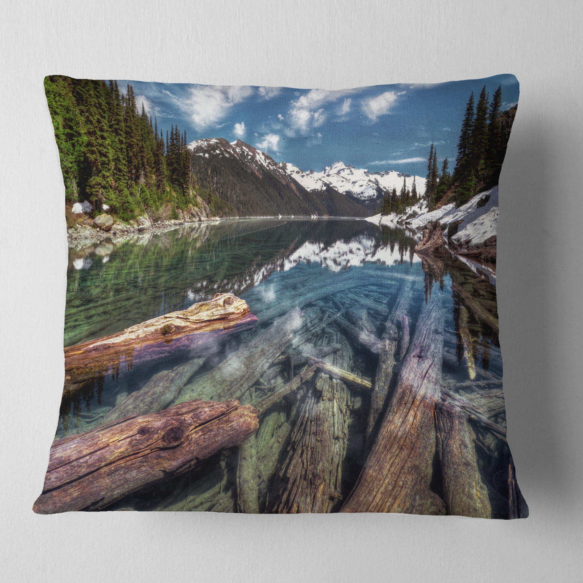 Designart Sunken Logs n Mountain Lake - Landscape Printed Throw Pillow - 16x16
