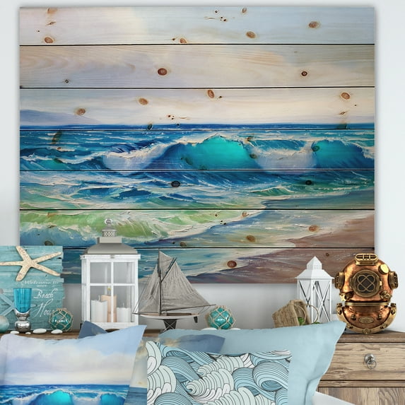 Designart 'Sunlight Catching A Wave With Seascape' Nautical & Coastal Print on Natural Pine Wood