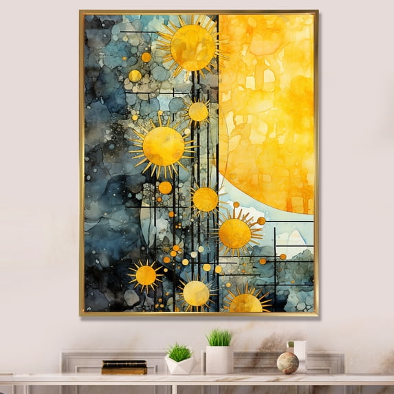Designart "Sunlight Collage with Abstract Solar Panels III" Abstract Framed Wall Art - Modern Yellow Abstract Collages Hallway Framed Wall Art Decor