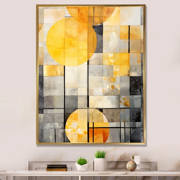 Designart "Sunlight Collage with Yellow Solar Panels I" Abstract Framed Wall Art - Modern Yellow Abstract Collages Entryway Framed Wall Art