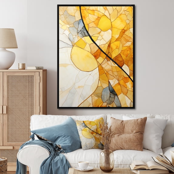 Designart "Sunlight Collage with Yellow Solar Panels II" Abstract Framed Wall Art - Modern Yellow Abstract Collages Hallway Framed Wall Art Decor