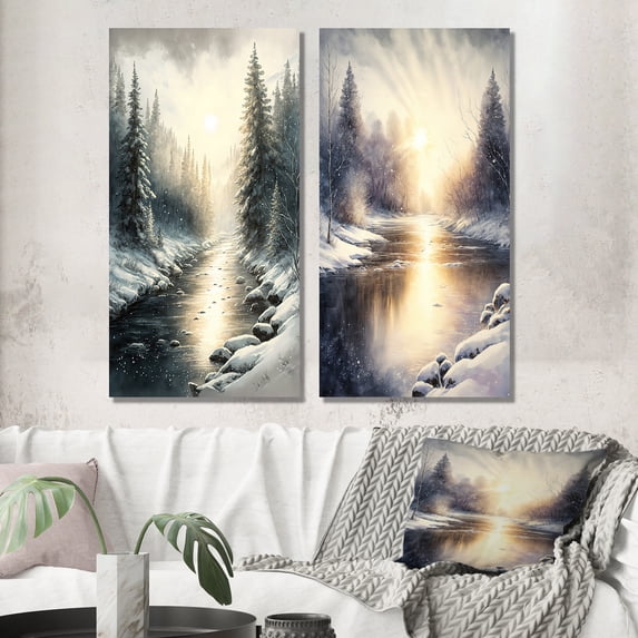 Designart "Sunlight Dance on Snow Forest River I" Landscape Lake Wall Art Set Of 2 - Traditional Grey Gallery Wall Set For Home Decor