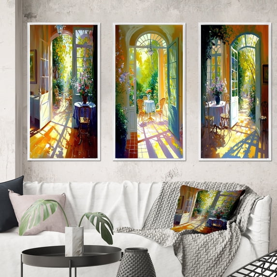Designart "Sunlight at the Lakehouse in the Afternoon I" Lake House Cottage Framed Wall Art Set Of 3 - Yellow Traditional Frame Gallery Wall Set For Home Decor