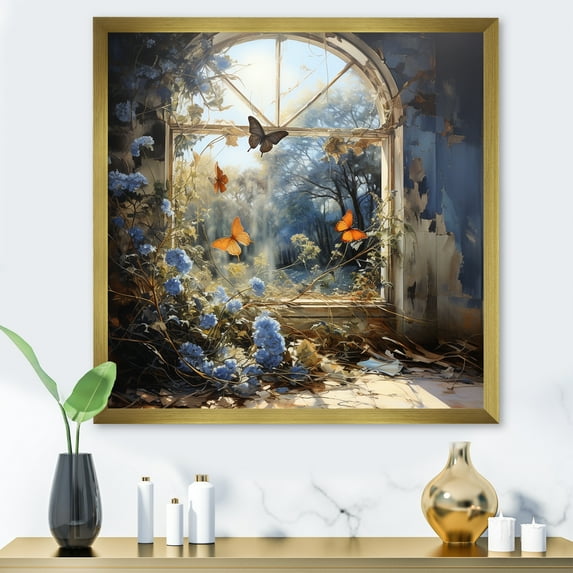 Designart "Sunlit Cottage Blue Butterfly II" Animals Framed Wall Art Decor - Modern Blue Butterfly Entryway Framed Wall Art Print