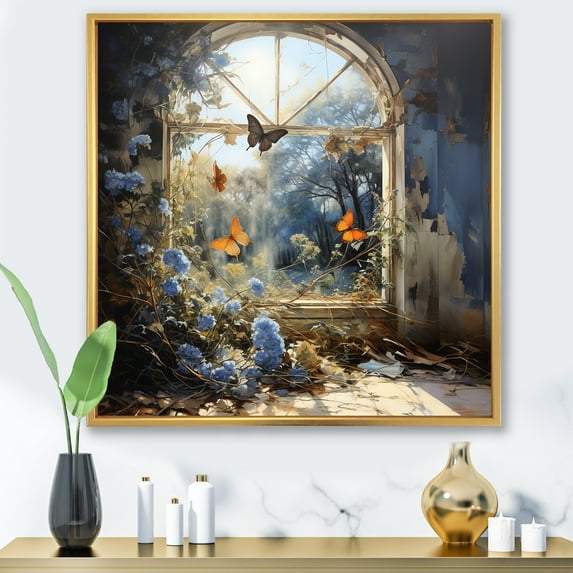 Designart "Sunlit Cottage Blue Butterfly II" Animals Framed Wall Art - Traditional Blue Butterfly Entryway Framed Wall Art Print