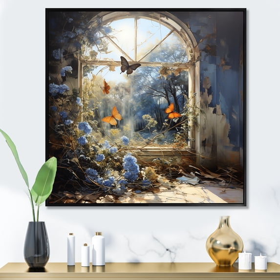 Designart "Sunlit Cottage Blue Butterfly II" Animals Framed Wall Art - Traditional Blue Butterfly Entryway Framed Wall Art Print