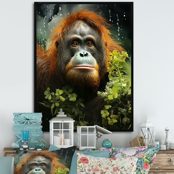 Designart "Sunlit Jungle With Orangutans II" Orangutan Floater Framed Wall Art Living Room