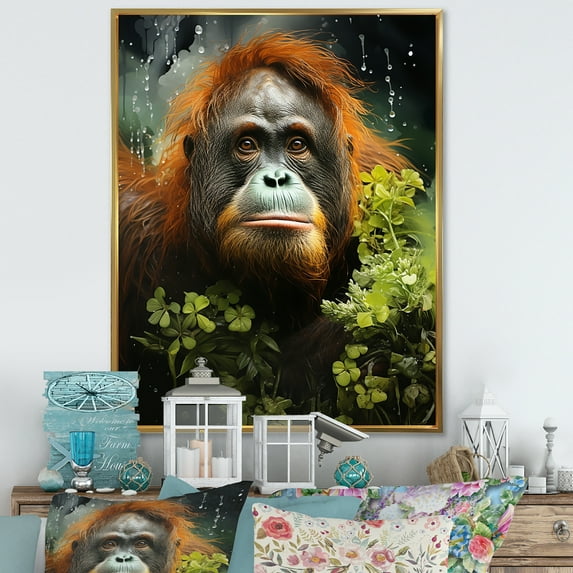 Designart "Sunlit Jungle With Orangutans II" Orangutan Floater Framed Wall Art Living Room