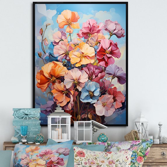 Designart "Sunlit Pansy Bouquet With A Wild Expression" Pansies Floater Framed Wall Art Prints