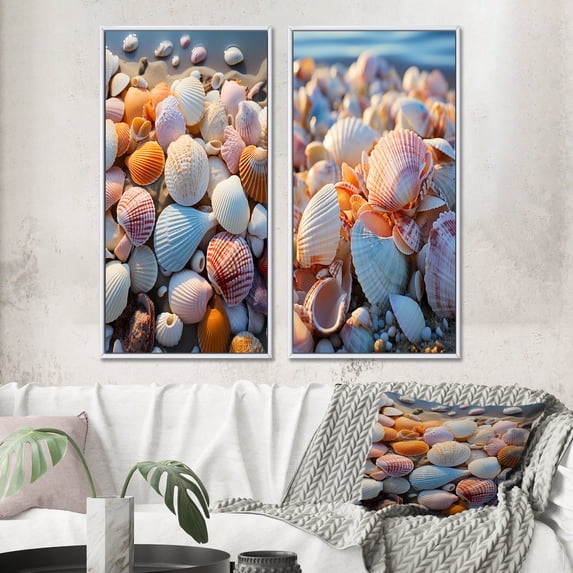 Designart "Sunlit Shells Beach Photo II" Coastal Beach Framed Wall Art Set Of 2 - White Beach Framed Canvas Set For Living Room Decor