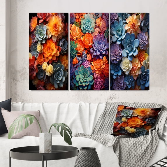 Designart "Sunlit Succulents Colorful Glow" Floral & Botanical Wall Art Set Of 3 - Multi-Color Succulent Canvas Set For Living Room Decor