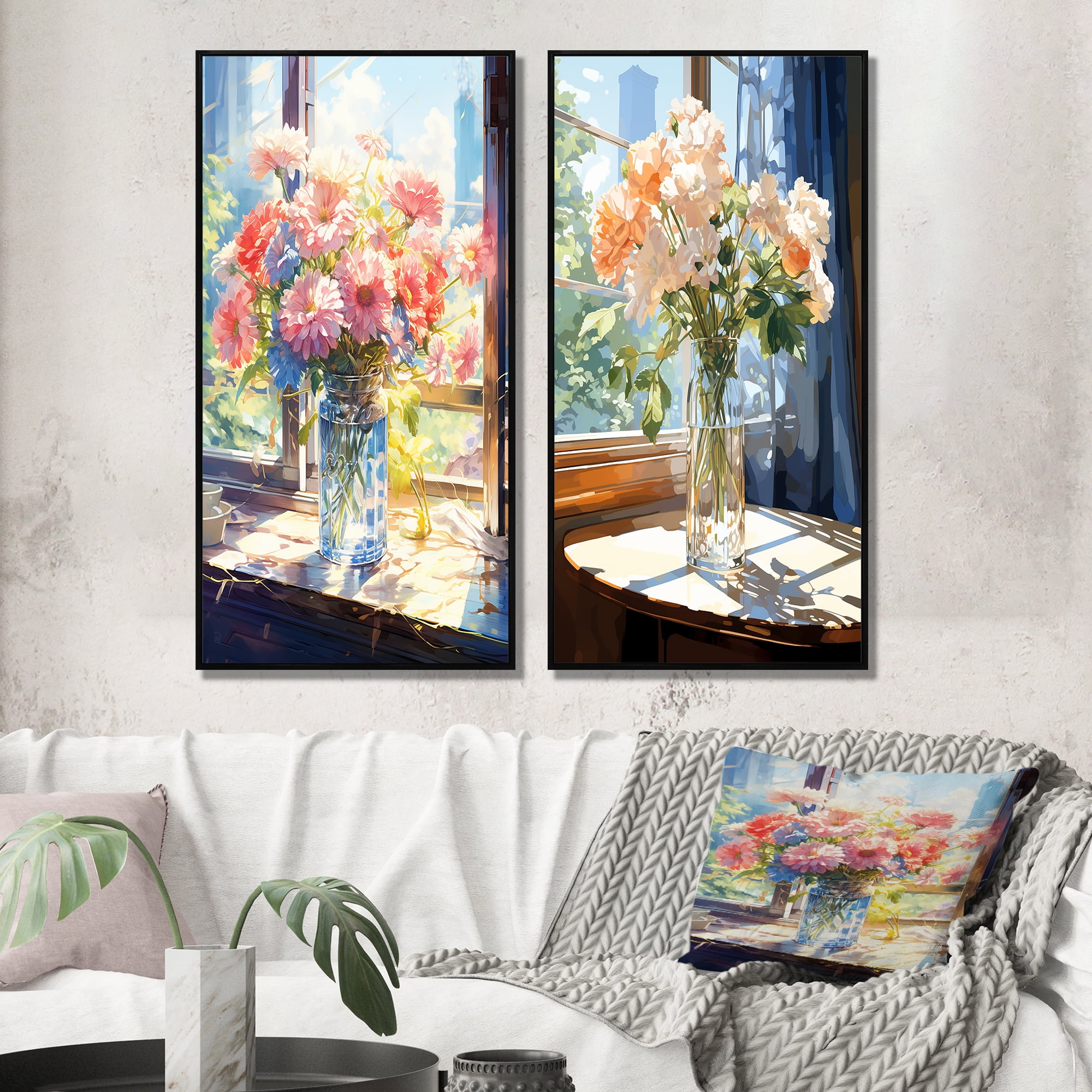 Designart "Sunlit Vase Beautiful Pink Flowers III" Flowers Framed Wall ...