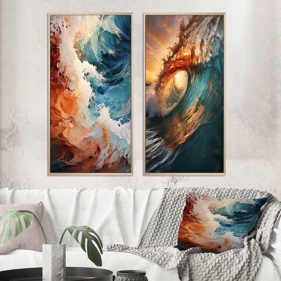Designart "Sunlit Waves Beach Photo III" Coastal Beach Framed Wall Art Set Of 2 - Orange Beach Framed Canvas Set For Living Room Decor