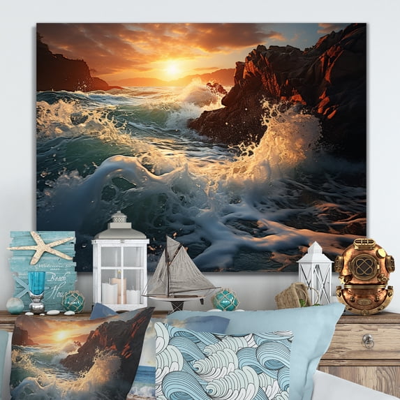Designart "Sunlit Waves Beach Photo V" Nautical & Beach Metal Wall Art