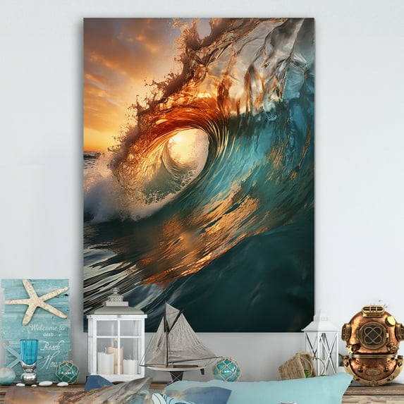 Designart "Sunlit Waves Beach Photo X" Nautical & Beach Metal Wall Art Prints